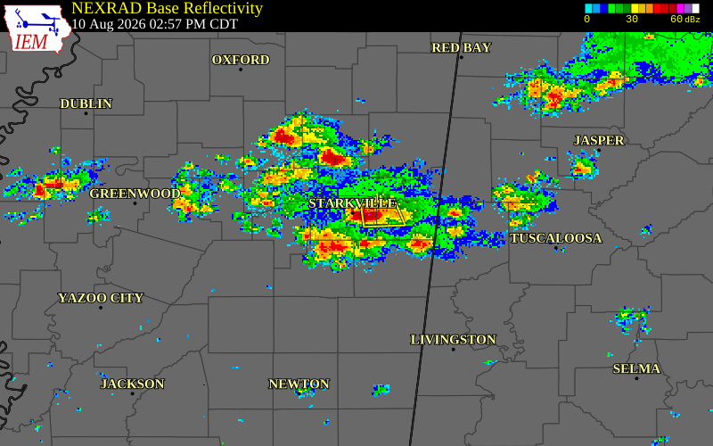NEXRAD radar during the Monday, August 10, 2026 storm activity in Oktibbeha County, Mississippi