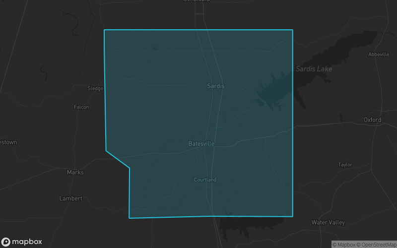 Map of Panola County, Mississippi showing the county boundary and surrounding cities