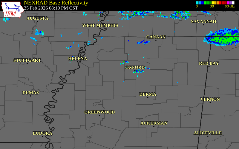 NEXRAD radar during the Wednesday, February 25, 2026 storm activity in Panola County, Mississippi