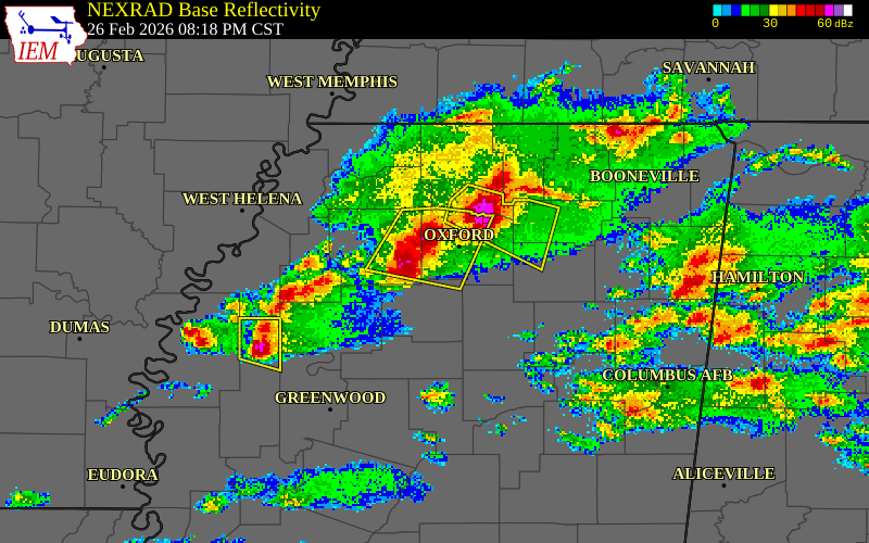 NEXRAD radar during the Thursday, February 26, 2026 storm activity in Panola County, Mississippi