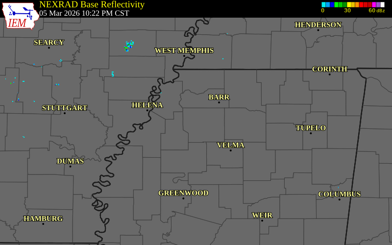 NEXRAD radar during the Thursday, March 5, 2026 storm activity in Panola County, Mississippi
