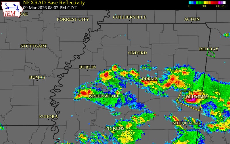 NEXRAD radar during the Monday, March 9, 2026 storm activity in Panola County, Mississippi