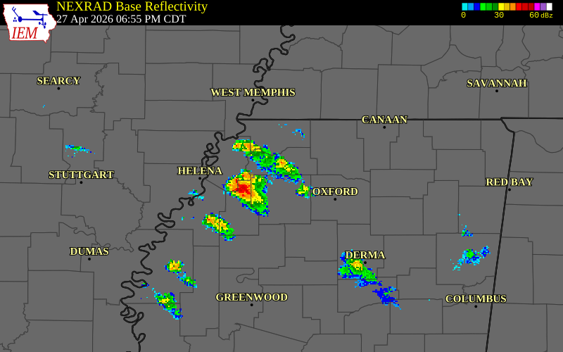 NEXRAD radar during the Monday, April 27, 2026 storm activity in Panola County, Mississippi