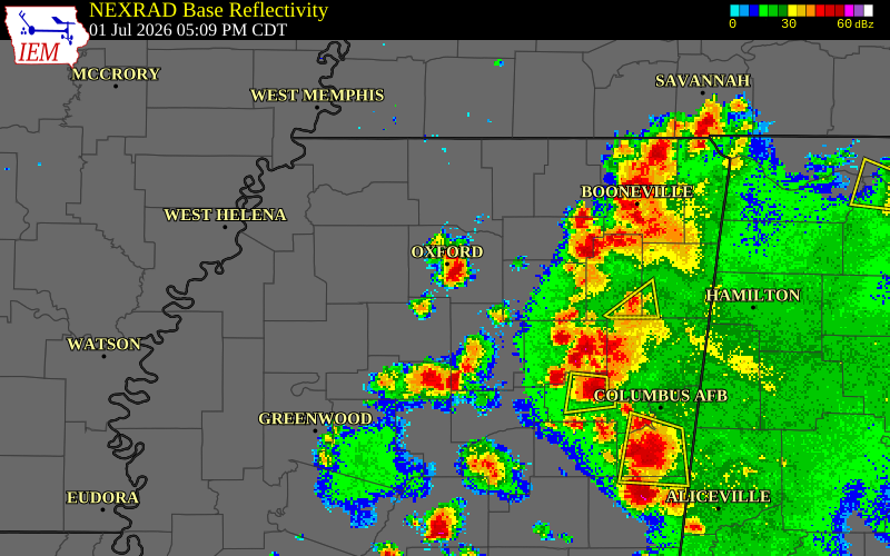 NEXRAD radar during the Wednesday, July 1, 2026 storm activity in Panola County, Mississippi