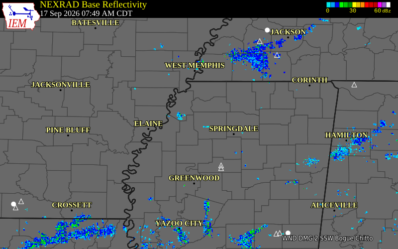 Current NEXRAD radar over Panola County, Mississippi with recent storm report locations