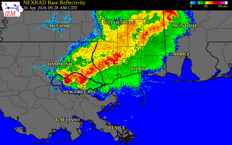 NEXRAD radar during the Sunday, April 26, 2026 storm activity in Pearl River County, Mississippi