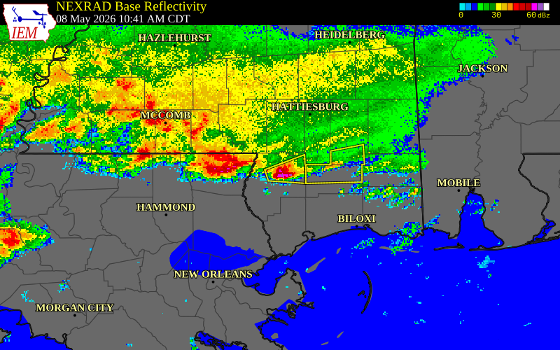 NEXRAD radar during the Friday, May 8, 2026 storm activity in Pearl River County, Mississippi