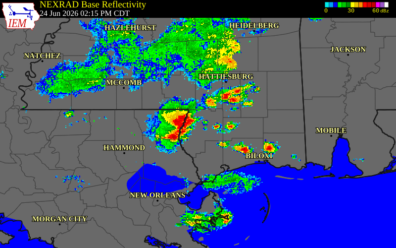 NEXRAD radar during the Wednesday, June 24, 2026 storm activity in Pearl River County, Mississippi