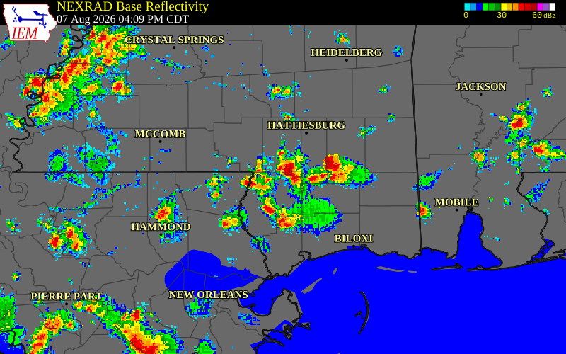 NEXRAD radar during the Friday, August 7, 2026 storm activity in Pearl River County, Mississippi