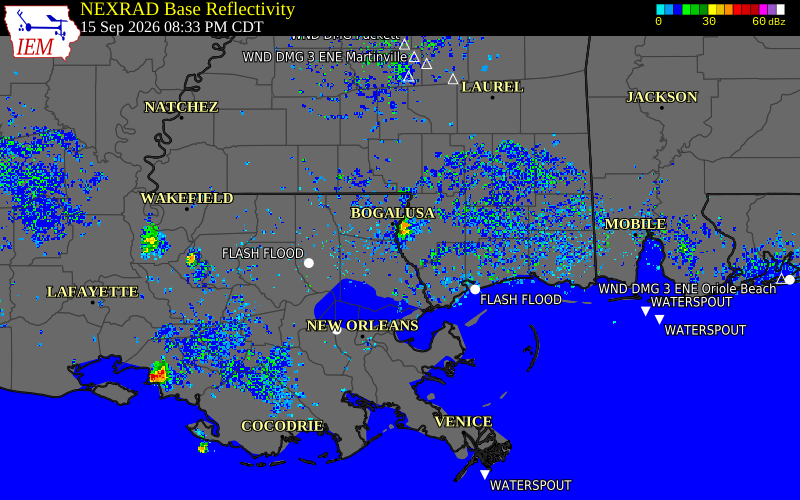 Current NEXRAD radar over Pearl River County, Mississippi with recent storm report locations