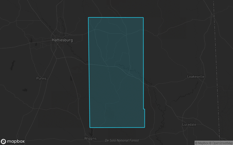 Map of Perry County, Mississippi showing the county boundary and surrounding cities
