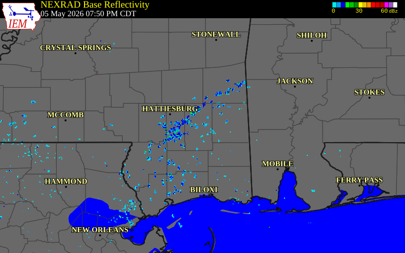 NEXRAD radar during the Tuesday, May 5, 2026 storm activity in Perry County, Mississippi