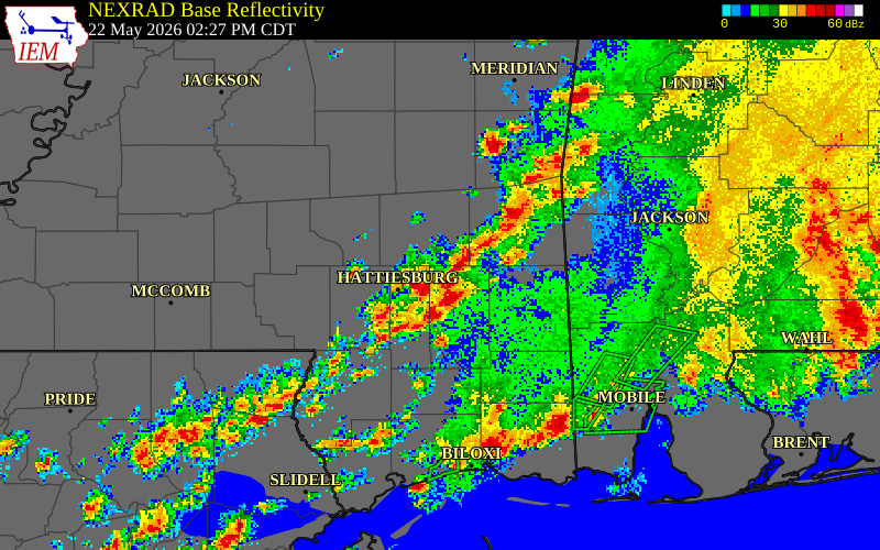 NEXRAD radar during the Friday, May 22, 2026 storm activity in Perry County, Mississippi