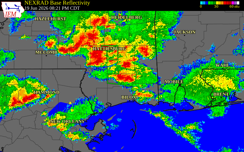 NEXRAD radar during the Friday, June 19, 2026 storm activity in Perry County, Mississippi