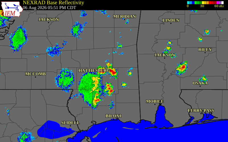 NEXRAD radar during the Thursday, August 6, 2026 storm activity in Perry County, Mississippi