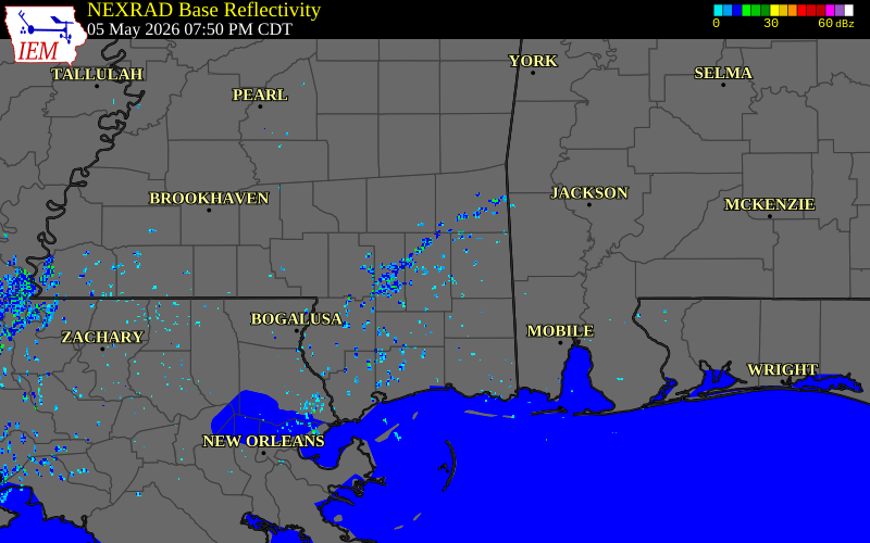 Radar snapshot during the May 5, 2026 tornado event near 1 SE Ferguson, Perry County, Mississippi, with NWS warning polygons