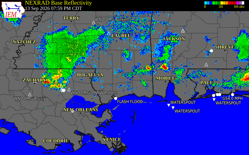 Current NEXRAD radar over Perry County, Mississippi with recent storm report locations