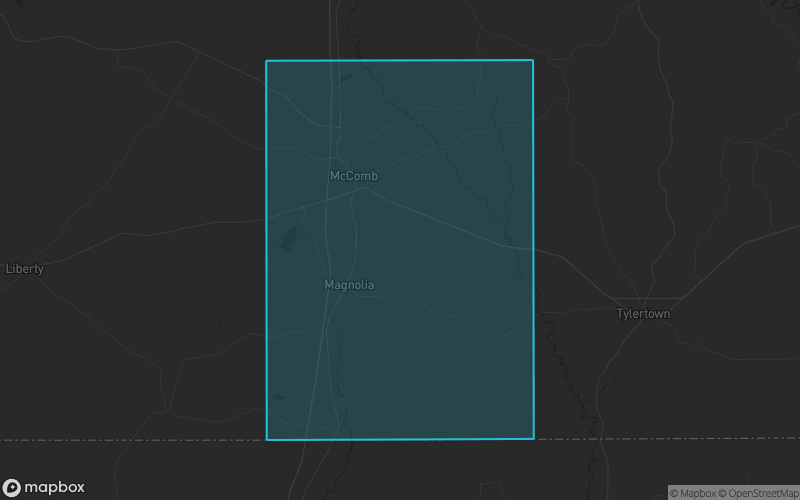 Map of Pike County, Mississippi showing the county boundary and surrounding cities
