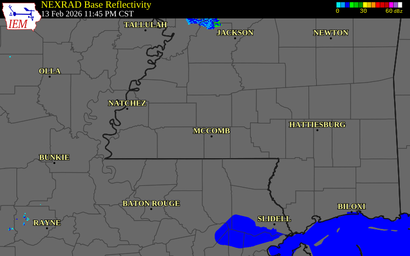 NEXRAD radar during the Friday, February 13, 2026 storm activity in Pike County, Mississippi