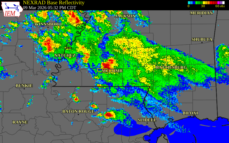 NEXRAD radar during the Monday, March 9, 2026 storm activity in Pike County, Mississippi