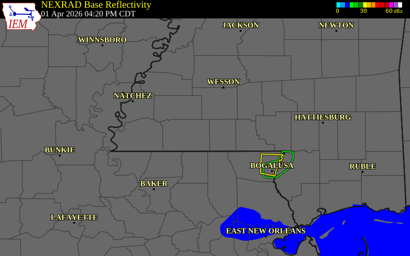 NEXRAD radar during the Wednesday, April 1, 2026 storm activity in Pike County, Mississippi