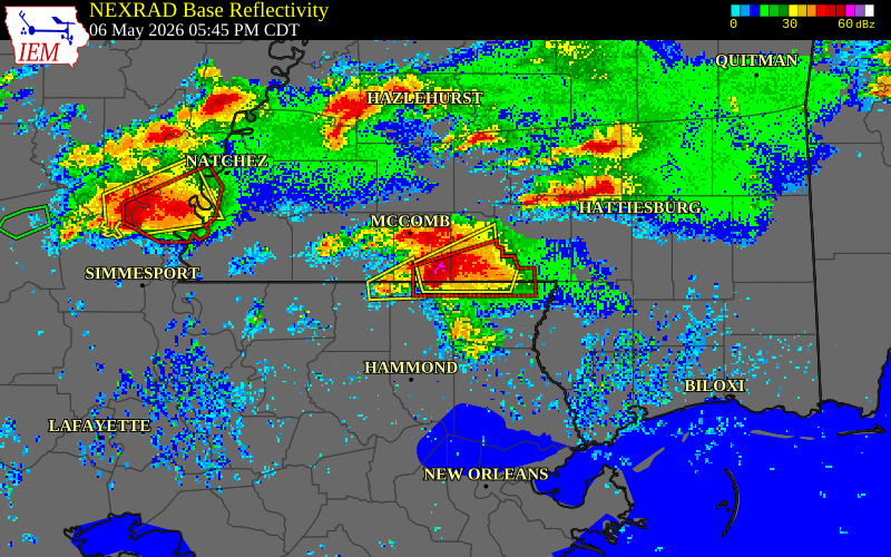 NEXRAD radar during the Wednesday, May 6, 2026 storm activity in Pike County, Mississippi