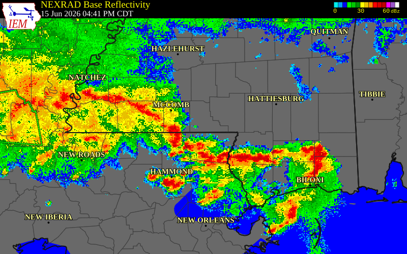 NEXRAD radar during the Monday, June 15, 2026 storm activity in Pike County, Mississippi