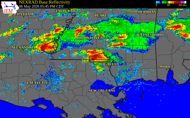 Radar snapshot during the May 6, 2026 tornado event near 11 E Osyka, Pike County, Mississippi, with NWS warning polygons