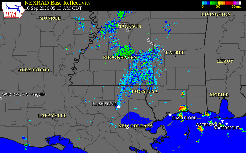 Current NEXRAD radar over Pike County, Mississippi with recent storm report locations