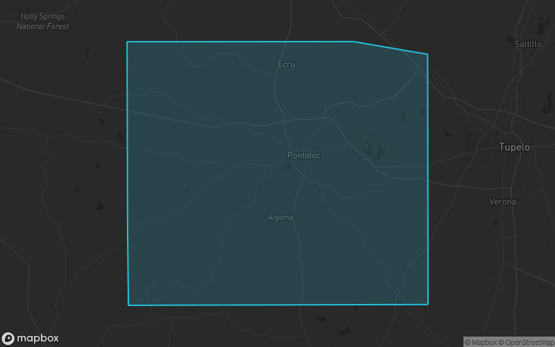 Map of Pontotoc County, Mississippi showing the county boundary and surrounding cities