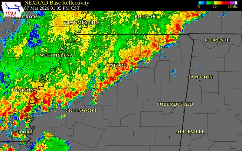NEXRAD radar during the Saturday, March 7, 2026 storm activity in Pontotoc County, Mississippi