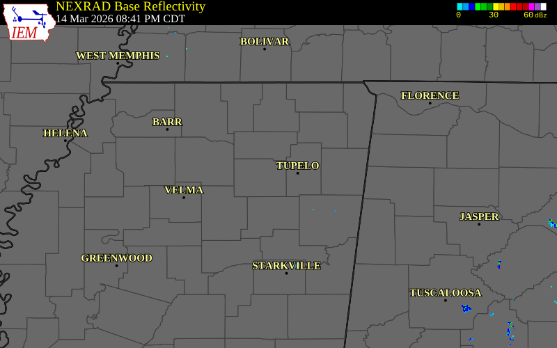 NEXRAD radar during the Saturday, March 14, 2026 storm activity in Pontotoc County, Mississippi