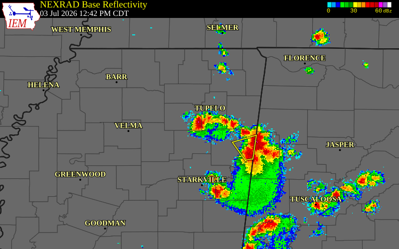 NEXRAD radar during the Friday, July 3, 2026 storm activity in Pontotoc County, Mississippi