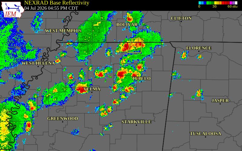 NEXRAD radar during the Saturday, July 4, 2026 storm activity in Pontotoc County, Mississippi