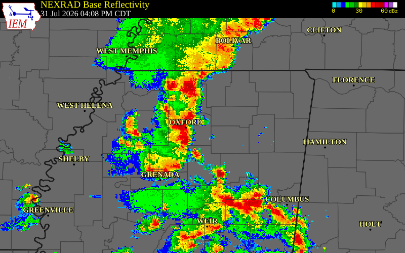 NEXRAD radar during the Friday, July 31, 2026 storm activity in Pontotoc County, Mississippi