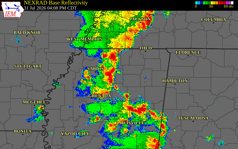 Radar snapshot during the Jul 31, 2026 wind event near Pontotoc County, Pontotoc County, Mississippi, with NWS warning polygons