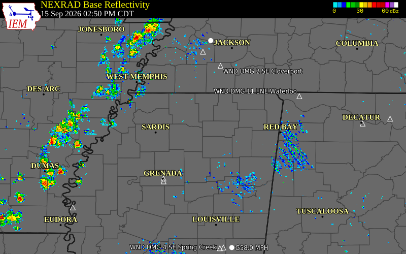 Current NEXRAD radar over Pontotoc County, Mississippi with recent storm report locations