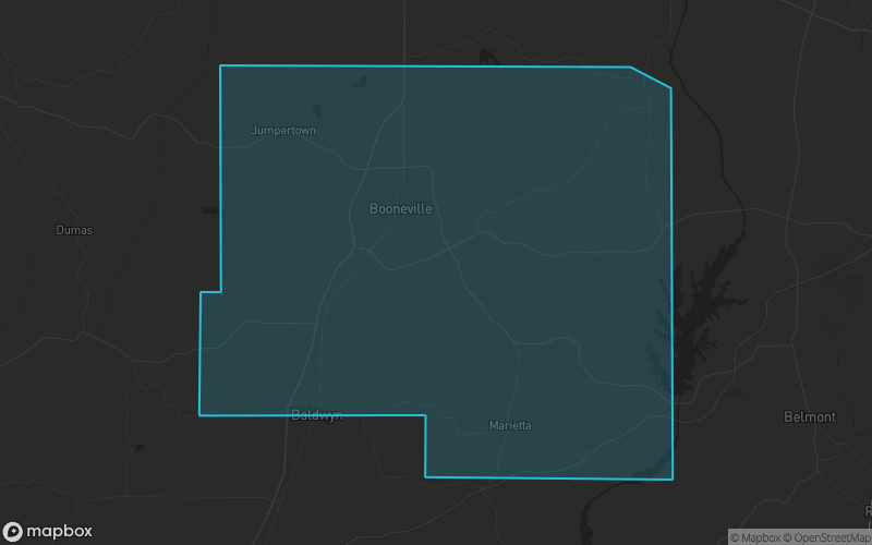 Map of Prentiss County, Mississippi showing the county boundary and surrounding cities
