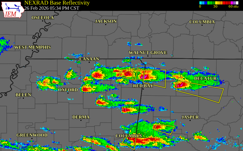 NEXRAD radar during the Thursday, February 26, 2026 storm activity in Prentiss County, Mississippi