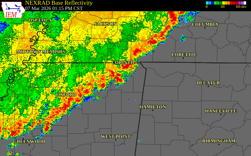 NEXRAD radar during the Saturday, March 7, 2026 storm activity in Prentiss County, Mississippi