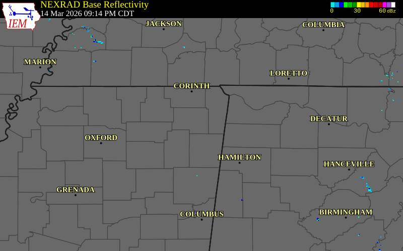 NEXRAD radar during the Saturday, March 14, 2026 storm activity in Prentiss County, Mississippi