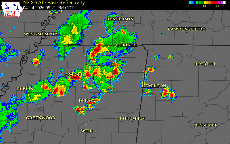 NEXRAD radar during the Saturday, July 4, 2026 storm activity in Prentiss County, Mississippi