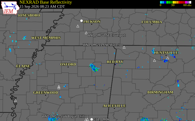 Current NEXRAD radar over Prentiss County, Mississippi with recent storm report locations