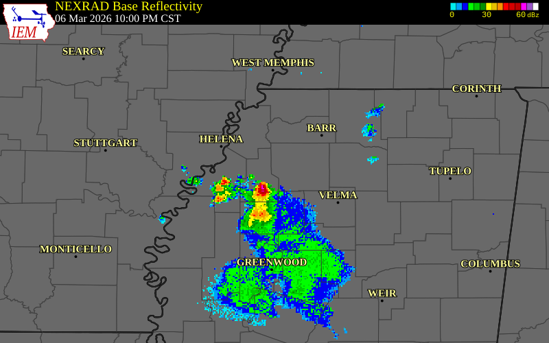 NEXRAD radar during the Friday, March 6, 2026 storm activity in Quitman County, Mississippi