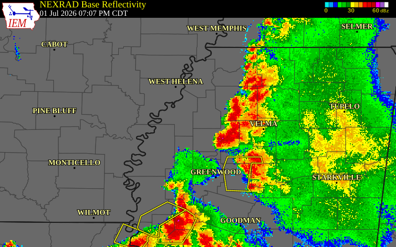 NEXRAD radar during the Wednesday, July 1, 2026 storm activity in Quitman County, Mississippi