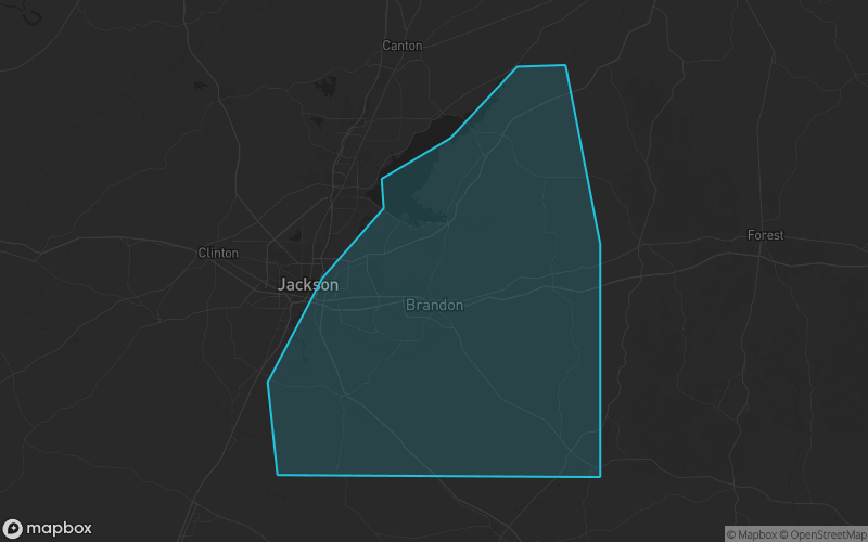 Map of Rankin County, Mississippi showing the county boundary and surrounding cities