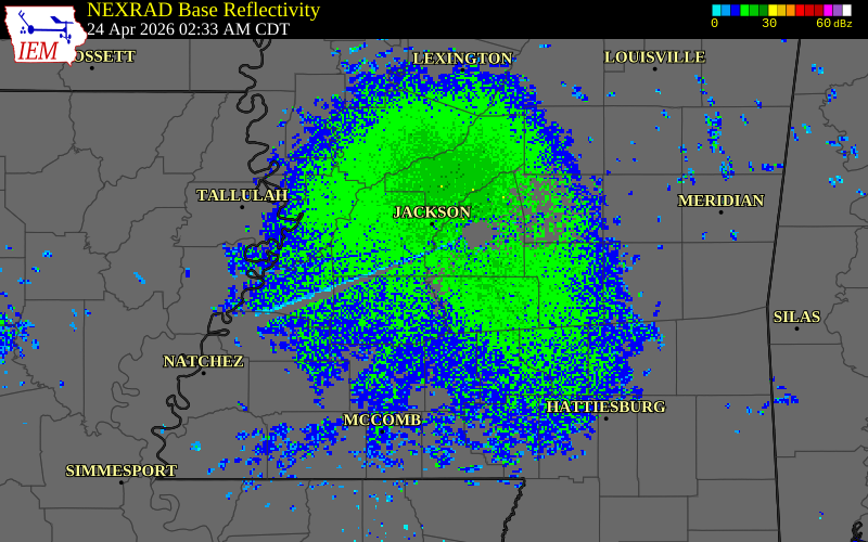NEXRAD radar during the Friday, April 24, 2026 storm activity in Rankin County, Mississippi