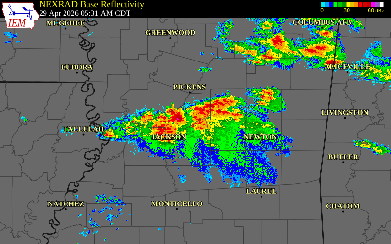 NEXRAD radar during the Wednesday, April 29, 2026 storm activity in Rankin County, Mississippi