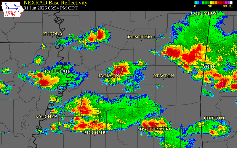 NEXRAD radar during the Monday, June 1, 2026 storm activity in Rankin County, Mississippi