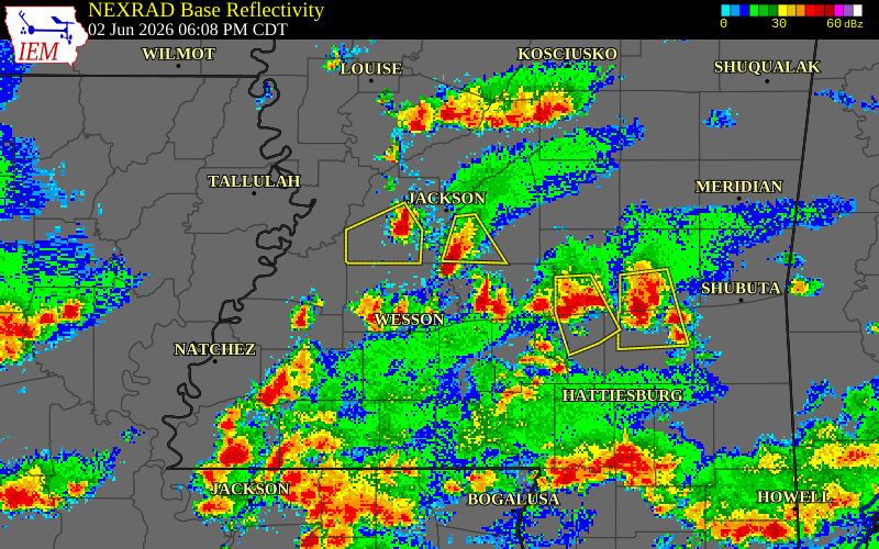 NEXRAD radar during the Tuesday, June 2, 2026 storm activity in Rankin County, Mississippi